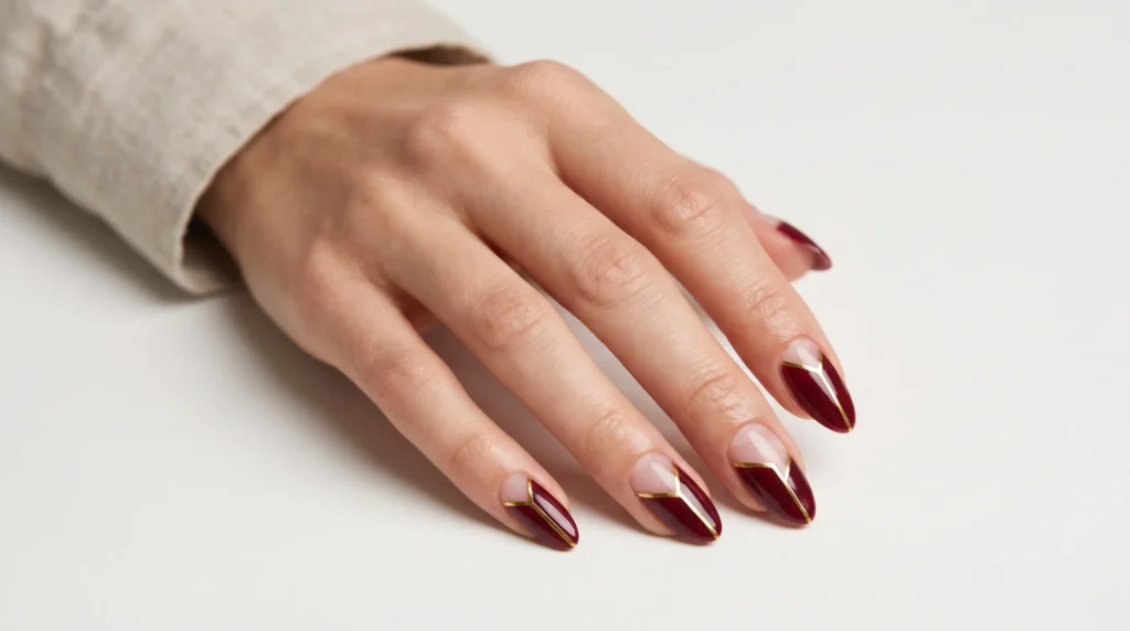 Burgundy and Gold Nails: 10 Luxurious Ideas, Shades & Pro Tips for a Rich Manicure 12 Modern geometric negative space burgundy and gold nails separated by crisp metallic striping tape.