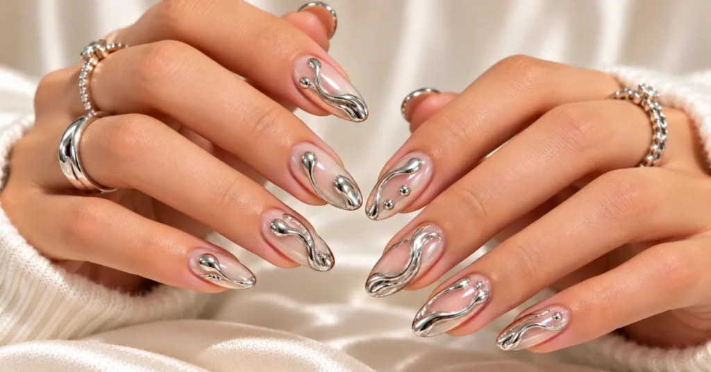10 Stunning Reflective Nails Ideas That Shine in Every Light 12 Reflective Nails Ideas featuring sculpted 3D liquid chrome accents over a nude nail base.
