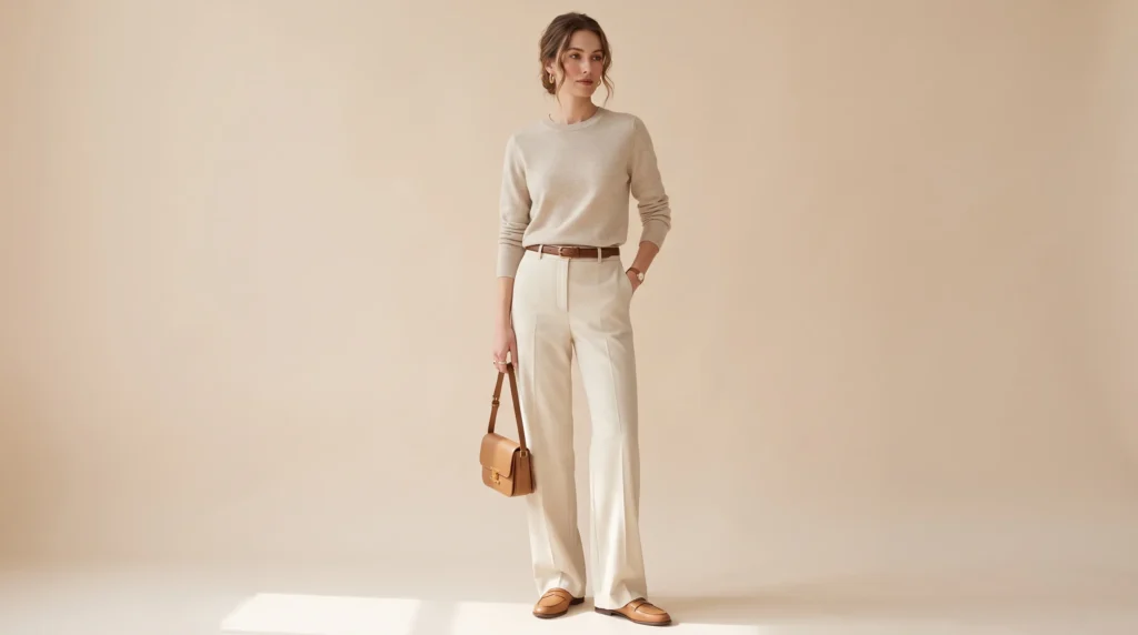Monochromatic column outfit idea in tall women clothes featuring cream wide-leg trousers and a matching knit.