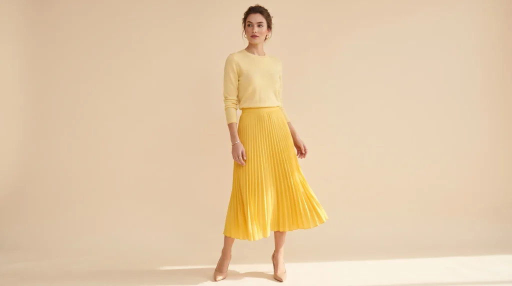The Complete Yellow Skirt Guide: 12 Stunning Outfit Ideas and Styling Rules 11 Monochromatic yellow skirt look featuring a pleated yellow skirt and matching butter yellow knit.