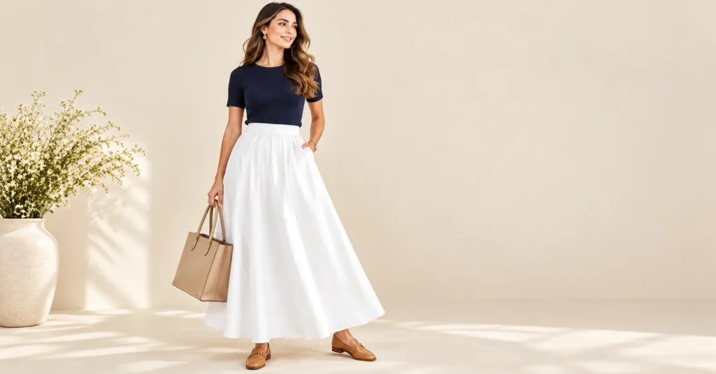 White Maxi Skirts: Fabrics, Fits, and 10 Effortless Outfit Formulas 3 White maxi skirts styled with a navy knit top, tan loafers, and a structured tote for the office.