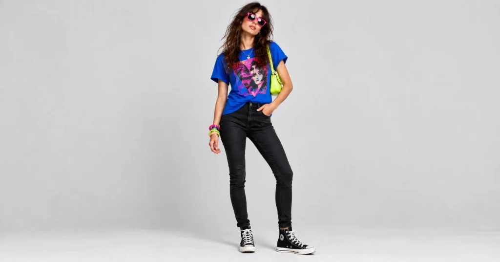 Indie Sleaze Fashion: 12 Outfit Ideas for the Messy, Flash Lit 2000s Look 11 Indie Sleaze Fashion nu-rave look with neon top, skinny jeans, and colorful sunglasses