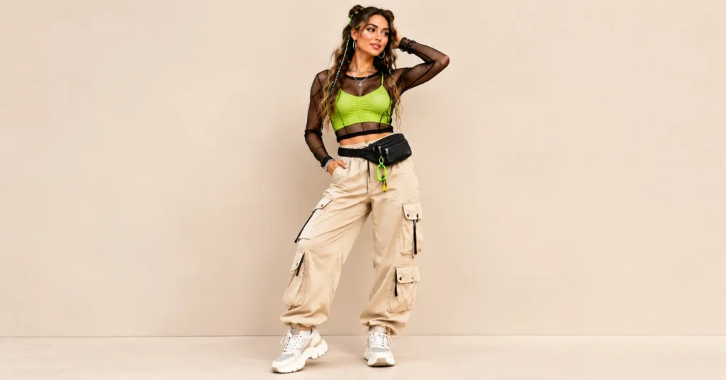 The Complete Guide to Headtrip Festival Outfits: 10 Bold Looks for Every Set 6 Headtrip Festival Outfits featuring a layered mesh top, light khaki cargo pants, chunky sneakers, and a festival belt bag.