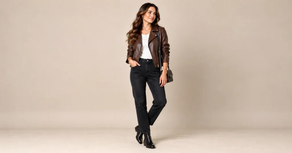 10 Effortless Comedy Show Outfit Ideas That Look Great and Feel Comfortable 9 Comedy Show Outfit Ideas featuring a chocolate brown faux leather jacket, black jeans, and Chelsea boots.