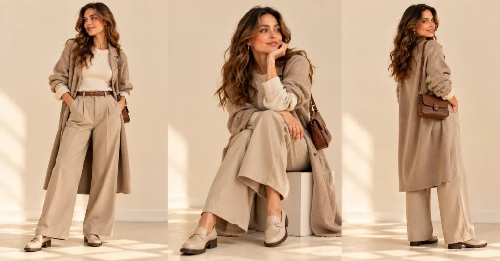 Lizzy McAlpine Concert Outfit Guide: 10 Effortless Looks You'll Love 11 Lizzy McAlpine Concert Outfit Ideas featuring monochrome cream and beige layers, wide leg trousers, and a soft knit sweater.
