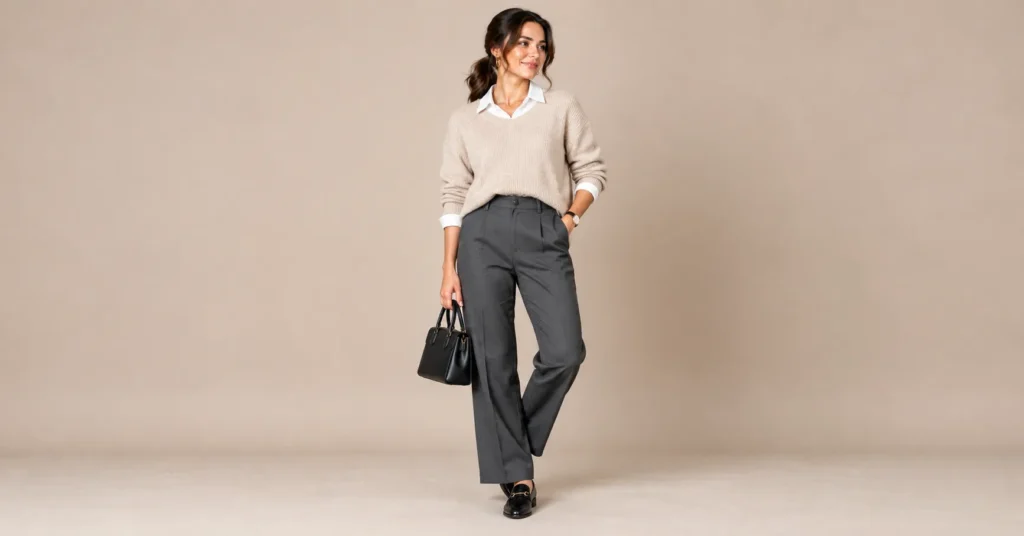 10 Effortless Comedy Show Outfit Ideas That Look Great and Feel Comfortable 6 Comedy Show Outfit Ideas featuring an oatmeal knit sweater, tailored charcoal trousers, and classic loafers.
