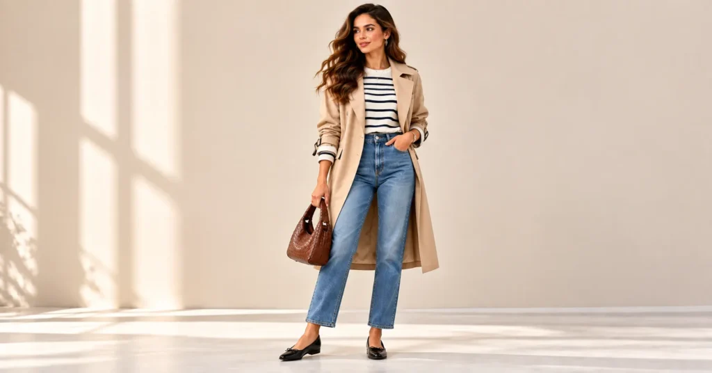 10 Stunning Straight Leg Jeans Outfit Ideas Every Lady Should Try 8 Straight Leg Jeans Outfit Ideas with a striped top, beige trench coat, and ballet flats