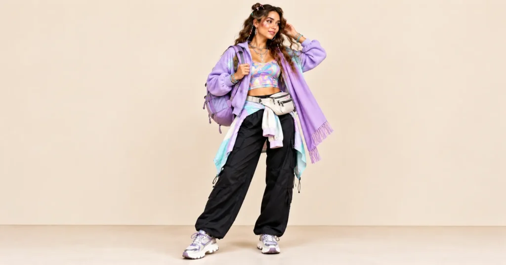 The Complete Guide to Headtrip Festival Outfits: 10 Bold Looks for Every Set 12 Headtrip Festival Outfits featuring a pastel fleece jacket, cargo trousers, lavender pashmina, and supportive trail sneakers.