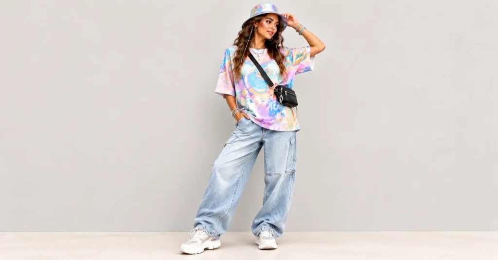 The Complete Guide to Headtrip Festival Outfits: 10 Bold Looks for Every Set 10 Headtrip Festival Outfits featuring an oversized graphic-style T-shirt, baggy jeans, reflective bucket hat, and chunky sneakers.
