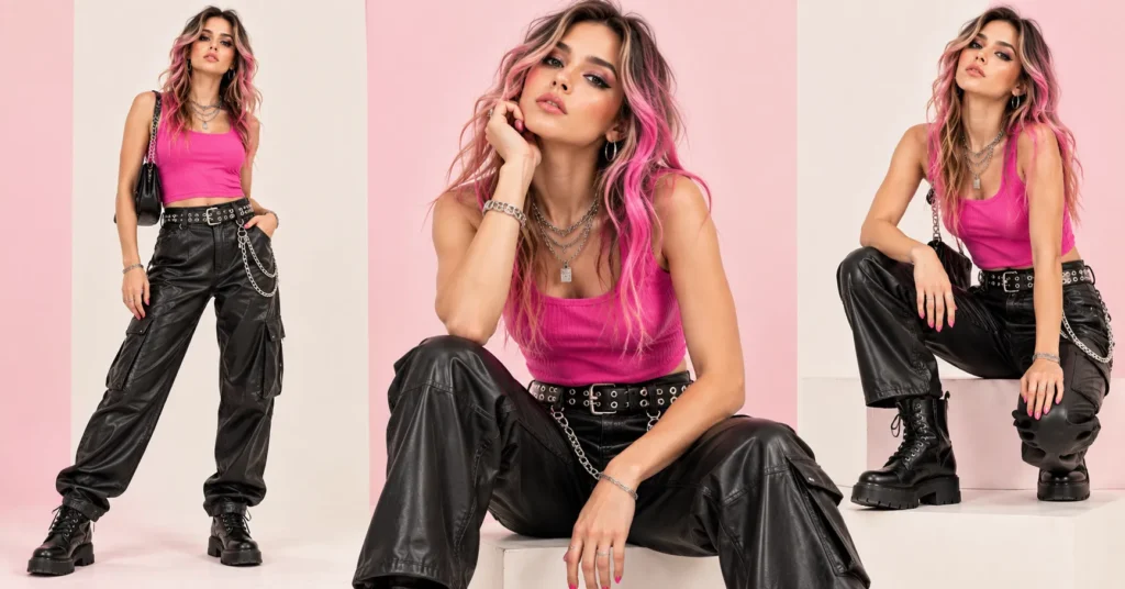 12 Best MGK Concert Outfit Ideas for a Bold Rockstar Look 4 MGK Concert Outfit Ideas featuring a hot-pink punk top, black faux-leather trousers, platform boots, and silver chains.
