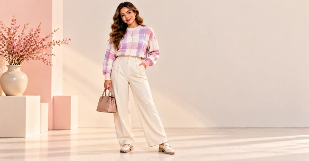 Plaid Sweater Styles featuring a pastel cropped plaid knit paired with high-waisted ivory wide-leg trousers and chunky loafers.