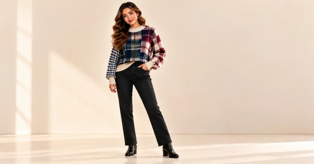 Plaid Sweater Styles featuring a multi coloured patchwork plaid knit paired with black straight-leg jeans and ankle boots.