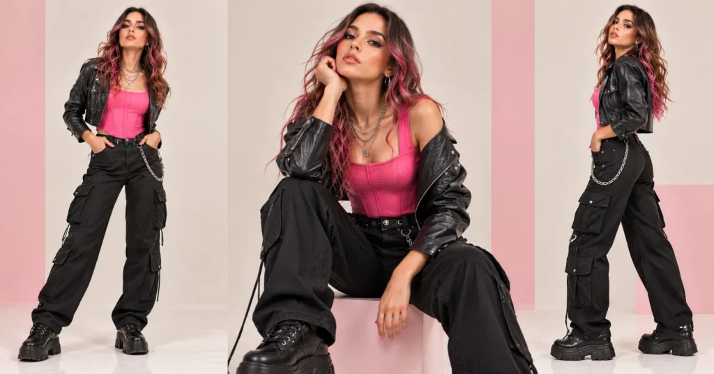 12 Best MGK Concert Outfit Ideas for a Bold Rockstar Look 12 MGK Concert Outfit Ideas featuring a hot-pink structured top, black cargo trousers, a faux-leather jacket, and chunky platform sneakers.