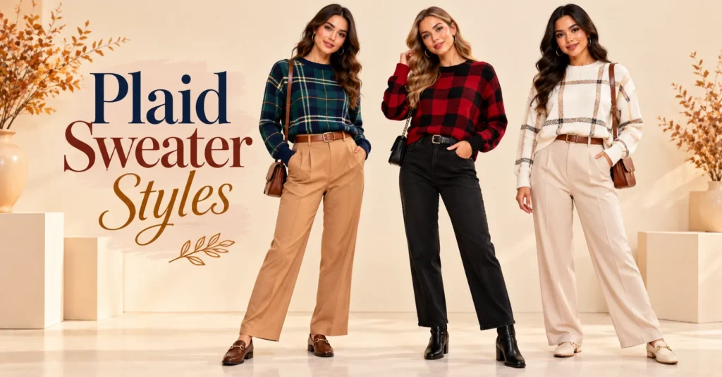 Plaid Sweater Styles featuring tartan crewnecks, buffalo check pullovers, and windowpane knitwear styled with autumn trousers.
