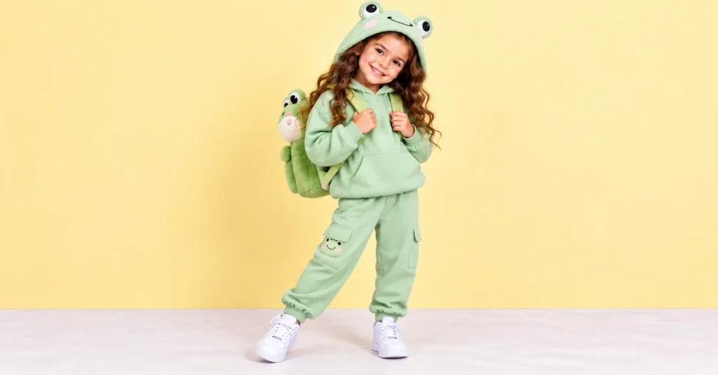 10 Creative Toca Boca Outfit Ideas Kids Will Love 9 Toca Boca outfit ideas featuring a mint-green frog hoodie, matching joggers, and a plush animal backpack.