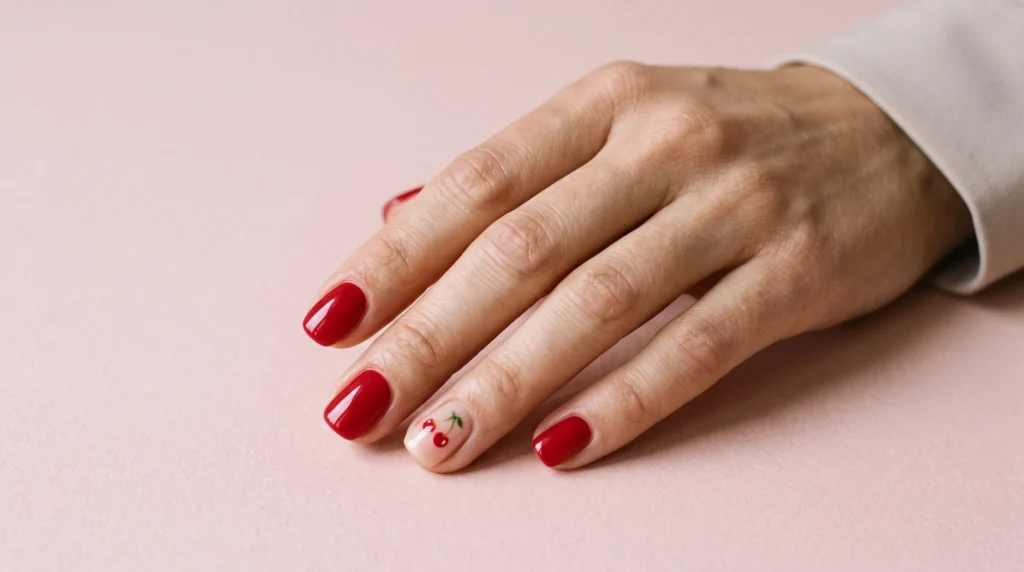 Cherry Red Nails: 10 Stunning Ideas, Shades & Pro Tips for a Flawless Manicure 5 Playful cherry charm nail art with hand-painted cherries and solid cherry red nails.