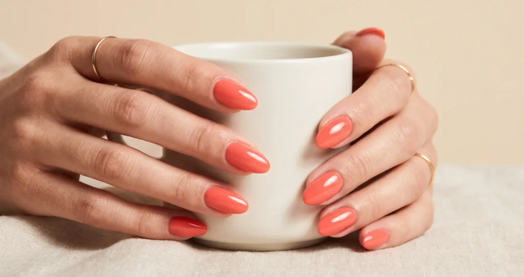 Plump, ultra-glossy coral gel nails photographed against a clean, plain background.
