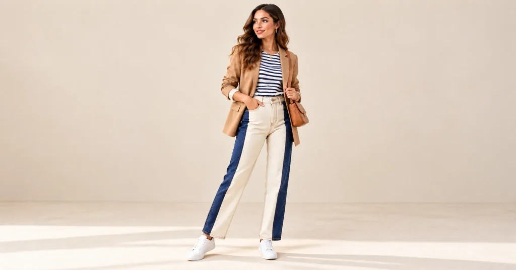 10 Bold Two Tone Jeans Styles That Instantly Upgrade Any Outfit 11 Cream and indigo Two Tone Jeans styled with a Breton striped shirt, camel jacket, and white sneakers.