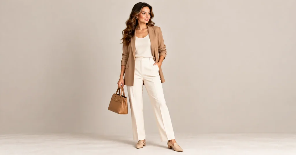 10 Flattering Short Torso Outfits That Balance Your Proportions Instantly 8 Short Torso Outfits featuring a cream tonal base with an open camel longline blazer.