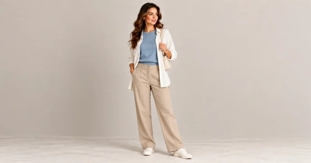 10 Flattering Short Torso Outfits That Balance Your Proportions Instantly 10 Short Torso Outfits featuring a modest dusty blue cropped top, an open ivory overshirt, and mid-rise beige trousers.