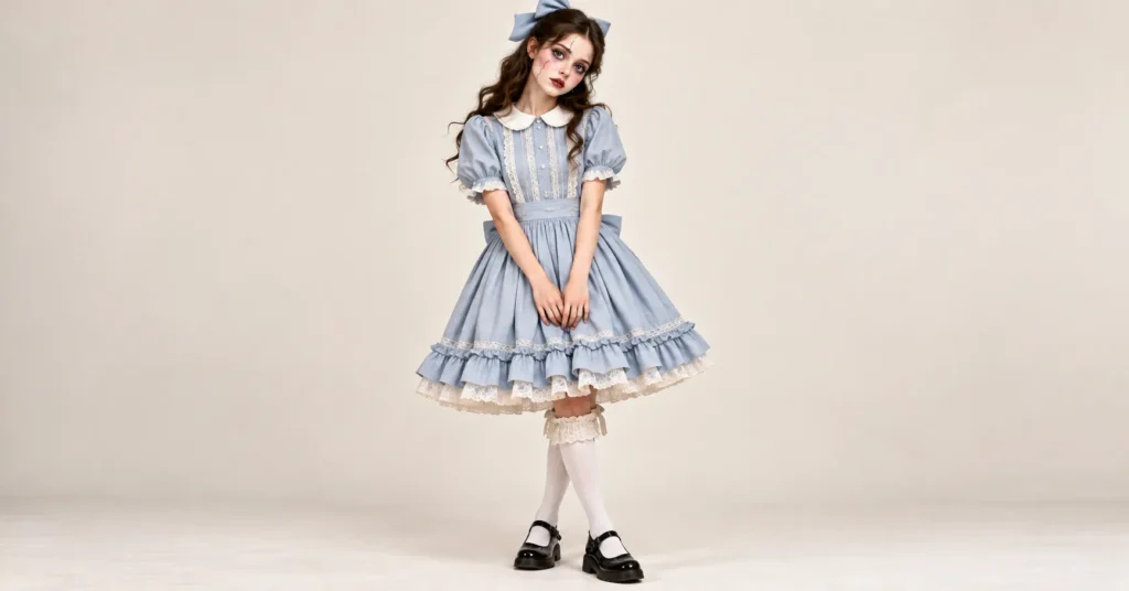 Haunted porcelain doll haunted house outfit with a pastel dress, white knee socks, and Mary Jane shoes.