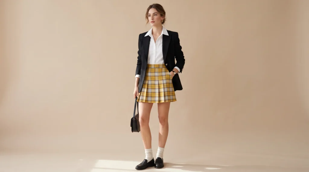 The Complete Yellow Skirt Guide: 12 Stunning Outfit Ideas and Styling Rules 12 Preppy yellow skirt styling featuring a yellow plaid skirt with a tailored blazer and loafers.