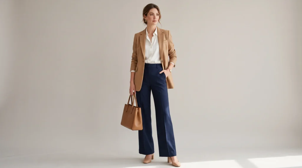 Professional tall women clothes showing an office outfit with tall wide leg trousers, a blazer, and silk blouse.