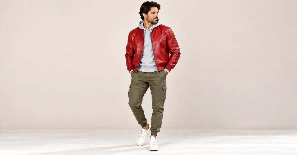 10 Stunning Red Leather Jackets That Make a Bold Fashion Statement 6 Red Leather Jackets bomber style with hoodie, olive joggers and white sneakers
