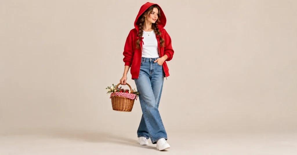Little Red Riding Hood Costume Women Love: 10 Stunning Looks 7 Little Red Riding Hood Costume Women wearing a red hoodie, white T-shirt, blue jeans, white sneakers, and carrying a woven basket.