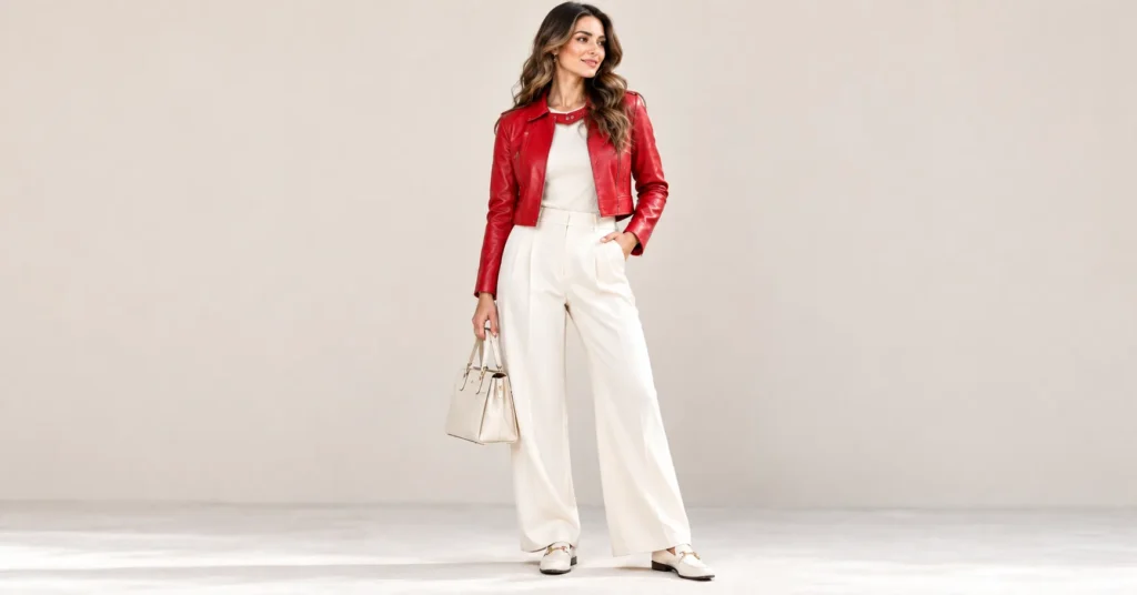 10 Stunning Red Leather Jackets That Make a Bold Fashion Statement 4 Red Leather Jackets cropped style with a cream knit top and high waisted trousers