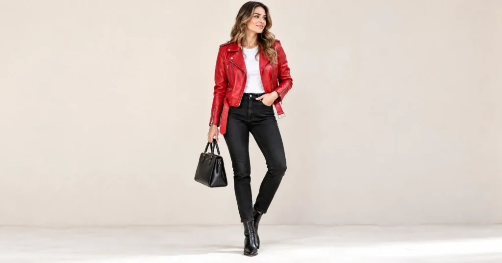 10 Stunning Red Leather Jackets That Make a Bold Fashion Statement 3 Red Leather Jackets classic moto style with white T-shirt, black jeans and ankle boots