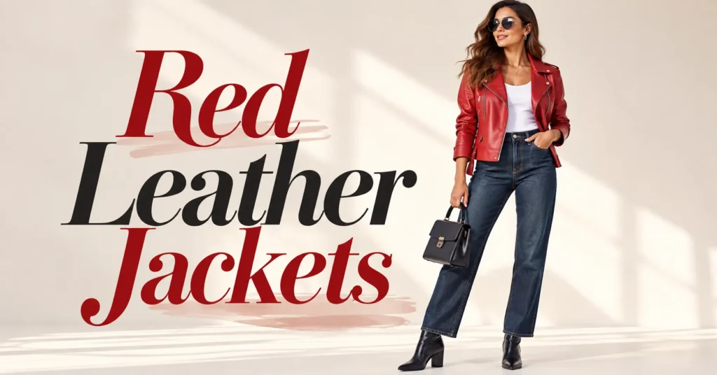 Red Leather Jackets featuring a classic red moto jacket with black jeans and ankle boots