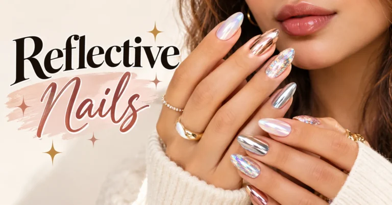 Reflective Nails Ideas featuring elegant silver chrome, pearl, holographic, and metallic nail finishes in bright daylight.