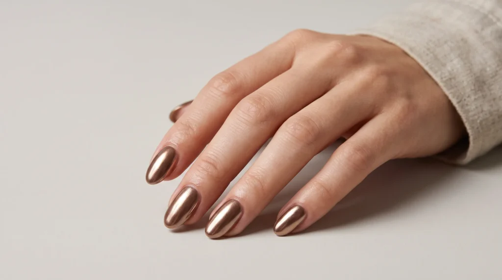 Cocoa Nail Color: 10 Gorgeous Ideas, Shades & Pro Tips for a Luxe Manicure 6 Reflective glazed chrome cocoa nail color shining under bright daylight.