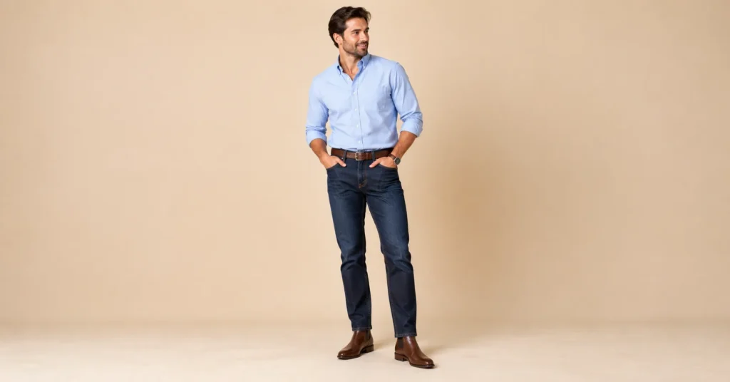 10 Effortless Comedy Show Outfit Ideas That Look Great and Feel Comfortable 8 Comedy Show Outfit Ideas for men featuring a light-blue button-down shirt, dark denim jeans, and brown Chelsea boots.