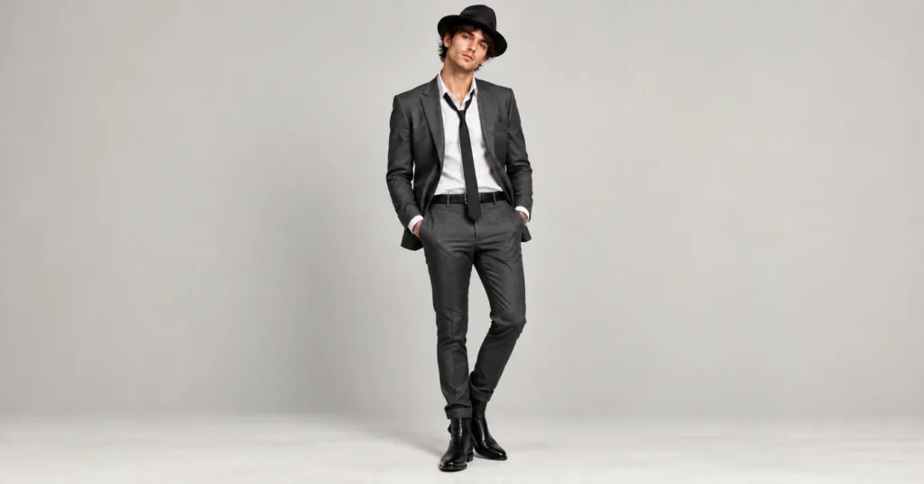 Indie Sleaze Fashion: 12 Outfit Ideas for the Messy, Flash Lit 2000s Look 14 Indie Sleaze Fashion slim tailored suit styled with a fedora and Chelsea boots