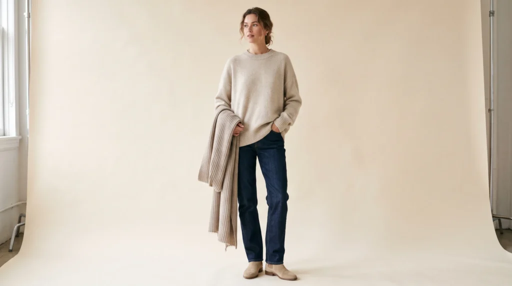 Luxury Winter Clothes for Women: Fabrics, Brands, and 10 Elegant Outfits 4 Relaxed luxury winter clothes for women featuring an oatmeal cashmere crewneck sweater and dark straight-leg denim.