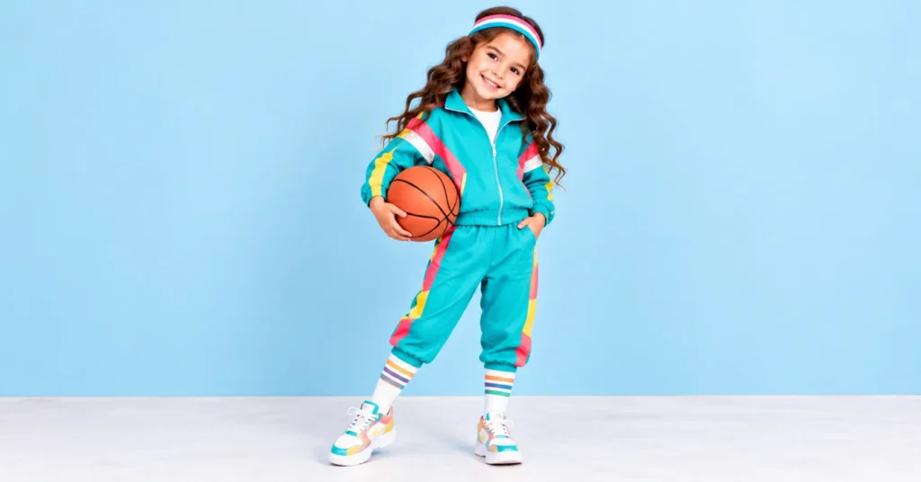 10 Creative Toca Boca Outfit Ideas Kids Will Love 11 Toca Boca outfit ideas featuring a retro turquoise tracksuit with colorful stripes, tube socks, and chunky sneakers.