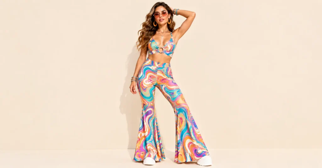 The Complete Guide to Headtrip Festival Outfits: 10 Bold Looks for Every Set 4 Headtrip Festival Outfits featuring a colourful psychedelic-print co-ord set with flared trousers and tinted sunglasses.