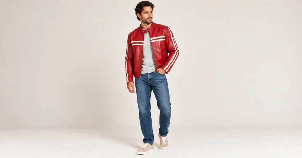 10 Stunning Red Leather Jackets That Make a Bold Fashion Statement 10 Red Leather Jackets vintage racing style with contrast stripes, jeans and suede sneakers