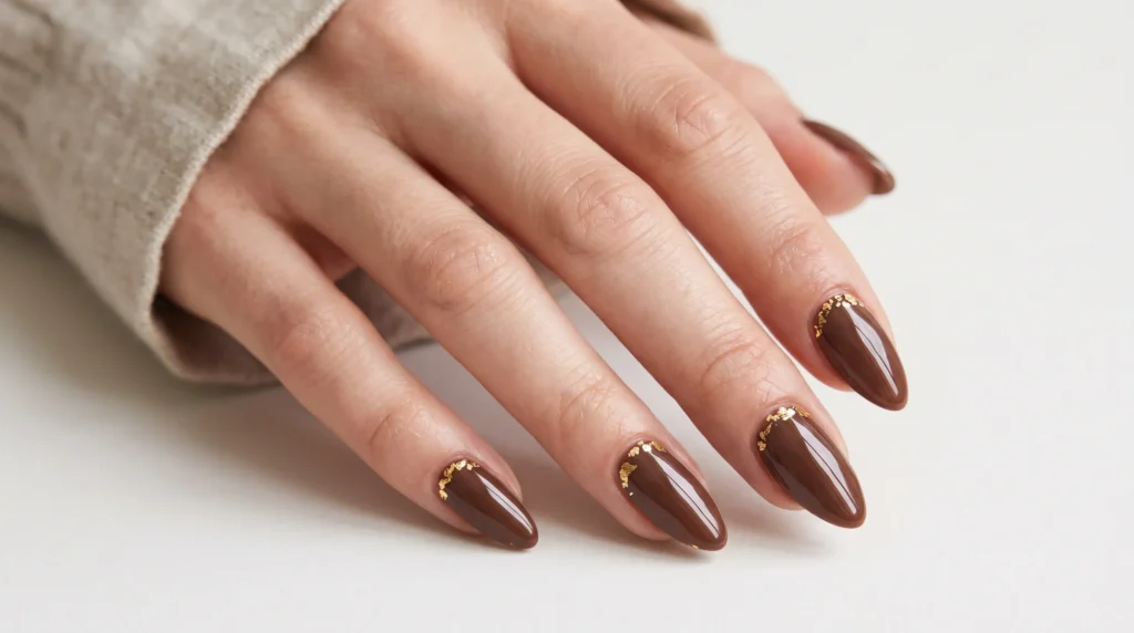 Cocoa Nail Color: 10 Gorgeous Ideas, Shades & Pro Tips for a Luxe Manicure 9 Rich cocoa nail color manicure detailed with subtle gold foil accents in bright lighting.
