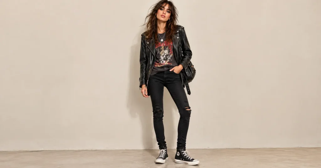 Indie Sleaze Fashion: 12 Outfit Ideas for the Messy, Flash Lit 2000s Look 3 Indie Sleaze Fashion band tee outfit with black skinny jeans and a leather biker jacket.
