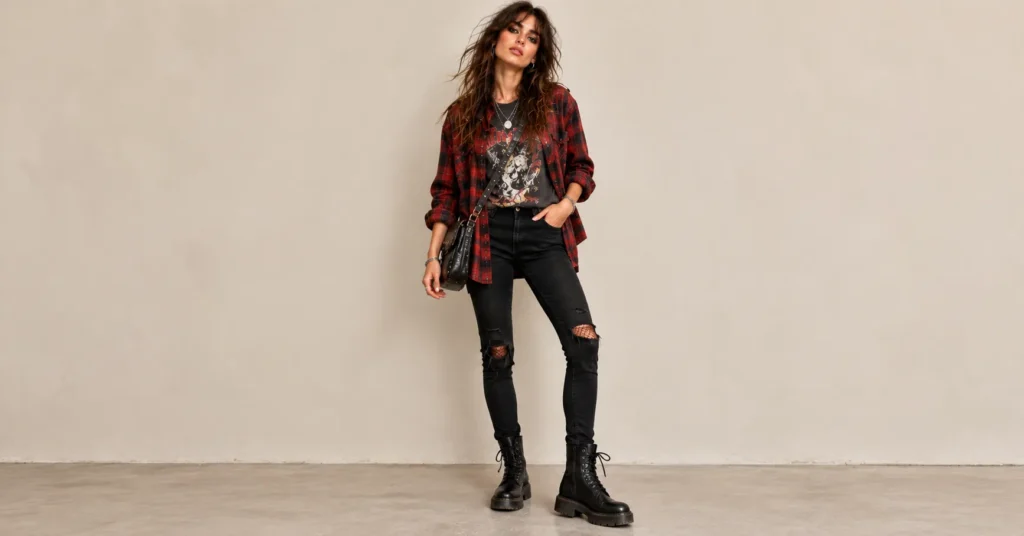 Indie Sleaze Fashion: 12 Outfit Ideas for the Messy, Flash Lit 2000s Look 7 Indie Sleaze Fashion with oversized plaid flannel, graphic tee, and combat boots