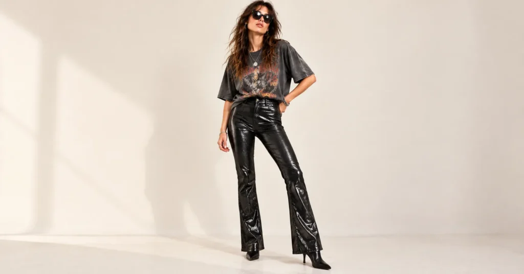 Indie Sleaze Fashion: 12 Outfit Ideas for the Messy, Flash Lit 2000s Look 4 Indie Sleaze Fashion outfit featuring shiny American Apparel style disco pants