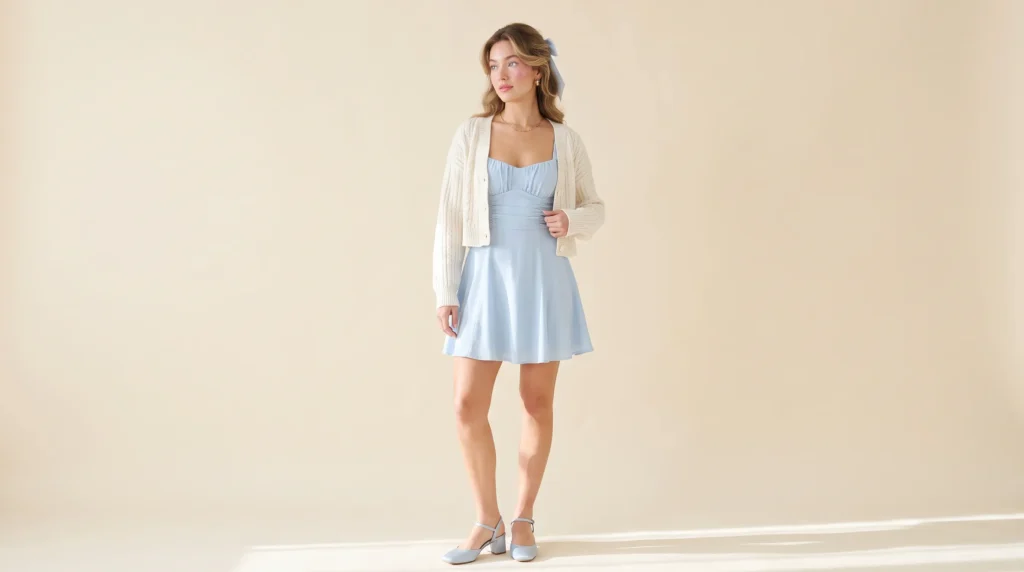 Romantic Euphoria outfits featuring Cassie's soft baby blue mini dress paired with a cropped cardigan.