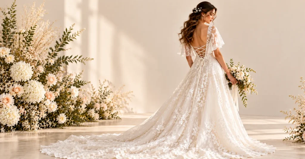 Backless and Open Back Wedding Dresses featuring a romantic bohemian lace-up corset-back gown.