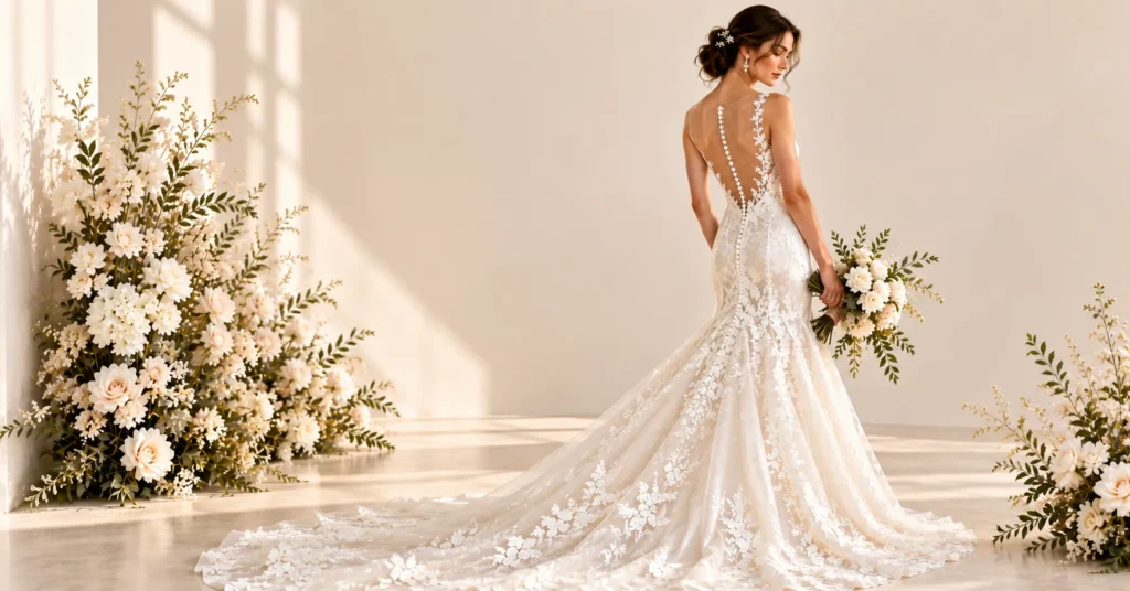 Backless and Open Back Wedding Dresses featuring a fit-and-flare gown with a button illusion back.