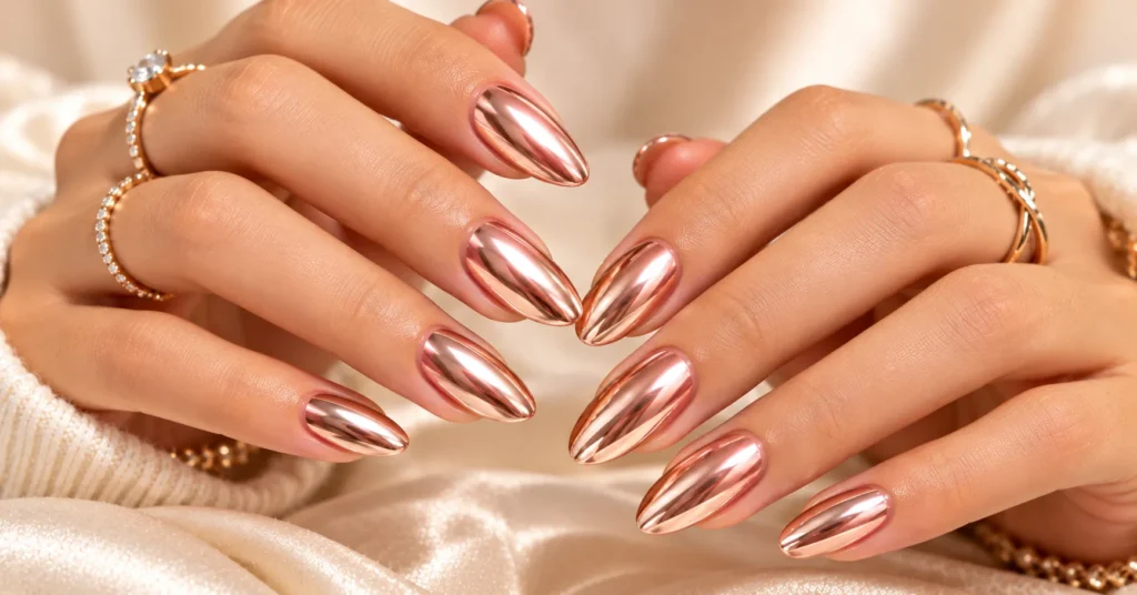 10 Stunning Reflective Nails Ideas That Shine in Every Light 7 Reflective Nails Ideas featuring elegant rose gold metallic nails with a warm polished shine.