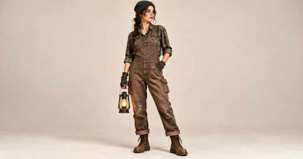 Creepy groundskeeper haunted house outfit with a flannel shirt, canvas overalls, work boots, and LED lantern.