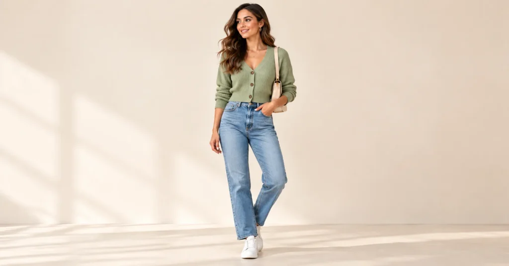 10 Effortless Cardigan and Jeans Outfits You'll Want to Wear on Repeat 3 Cardigan and Jeans Outfits with a sage cropped cardigan and high-rise straight jeans